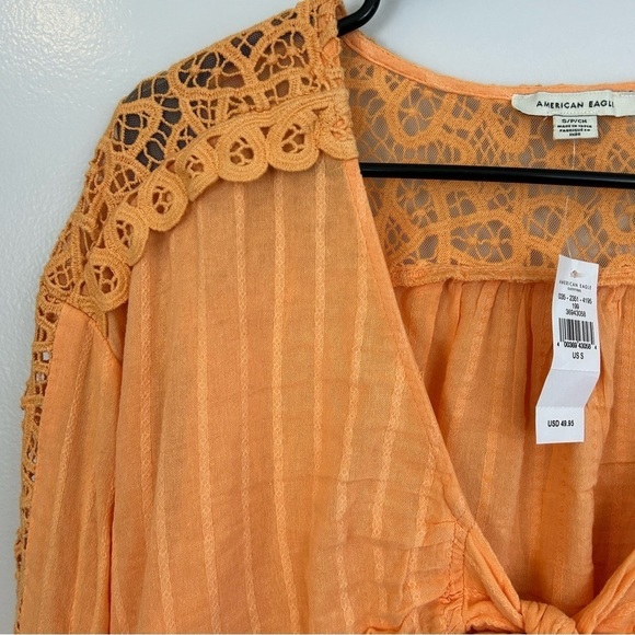NWT American Eagle Sherbet Orange Crochet Cropped Ruffle Tie Blouse Size Small - Picture 3 of 9
